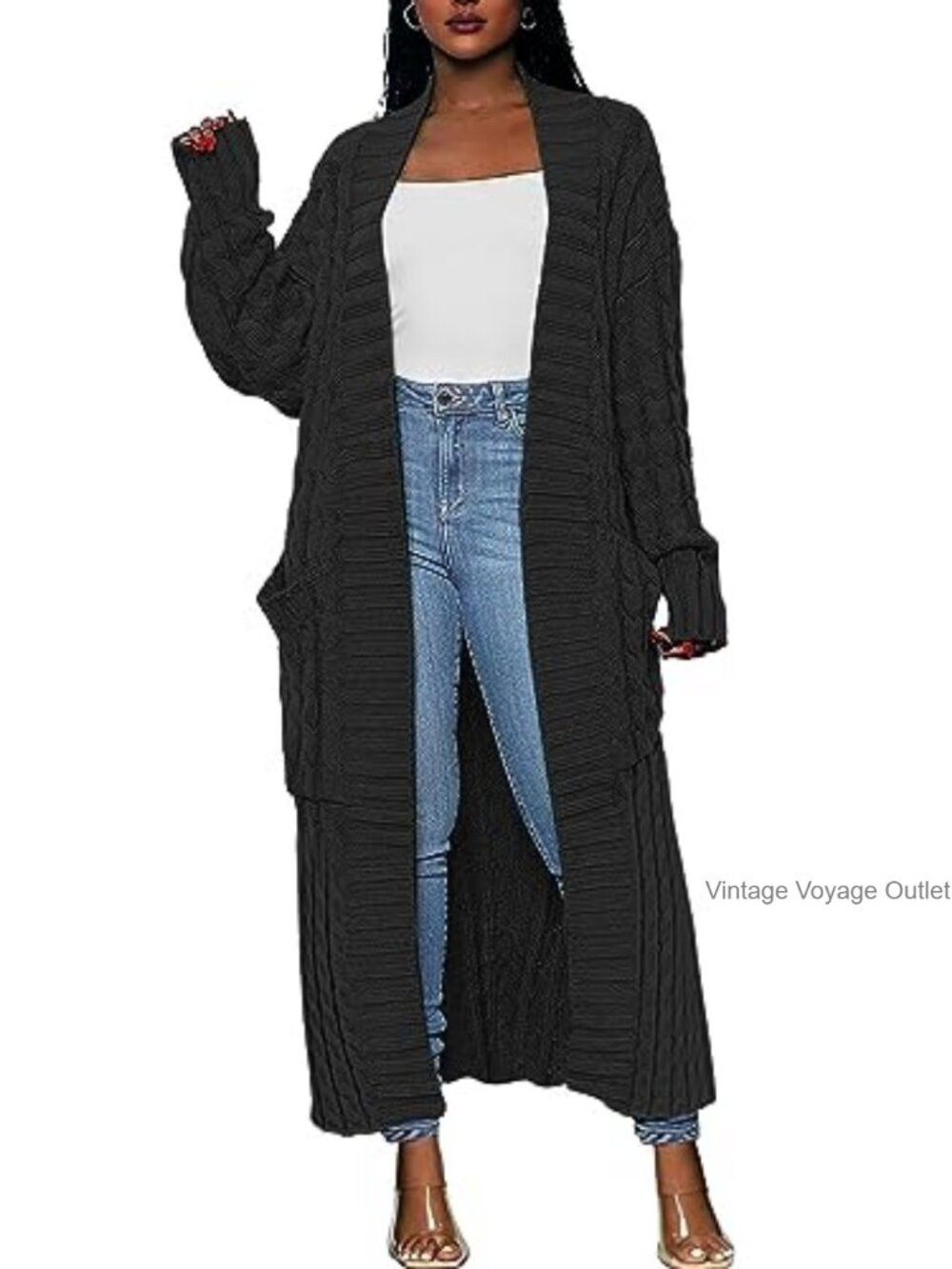 Long Open Front Cable Knit Cardigan Sweater Coat with Pockets